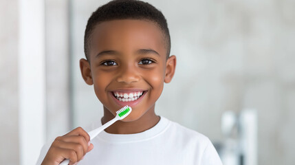 black Child with toothbrush smiling widely in a healthy hygiene routine portrait