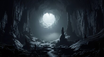 Dark cave interior with light at end. Underground cavern exploration. Mysterious passage for travel and adventure.