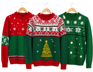 Set of three Christmas ugly sweaters over isolated transparent background