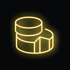 This neon yellow icon on a black background illustrates data analysis with a database pie chart