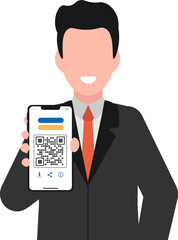 Businessman&rsquo;s hand holding a smartphone displaying a QR code in front view.