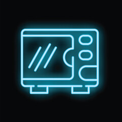 Blue neon sign of a microwave oven glowing on a black background