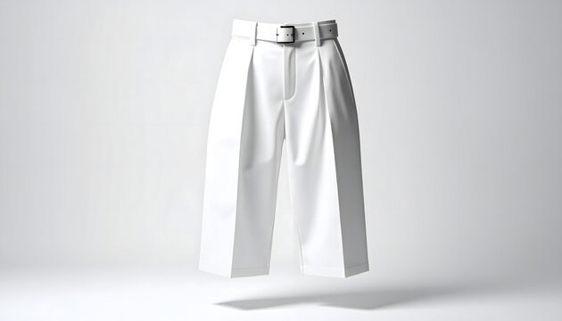 White Cropped Pleated High-Waist Pants with Belt - Minimalist Fashion Trousers on White Background