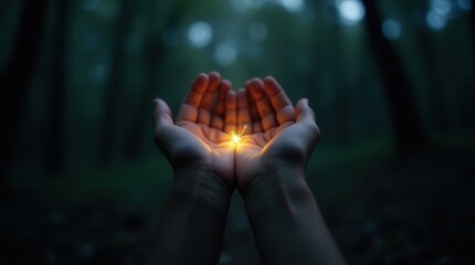 Person holding a glowing dandelion seed in cupped hands in a dark forest environment at night time