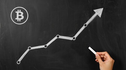 The graph is trending sharply upward and terminates in a large arrow, symbolizing growth or increasing value.In the top left corner, a chalk-drawn Bitcoin logo is clearly visible.