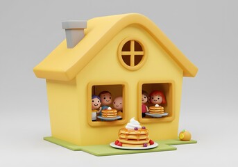 Happy Cartoon Family Enjoying Pancakes in a Cozy Yellow House