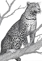 A detailed illustration of a majestic leopard perched atop a tree branch, showcasing intricate linework and rich detail.