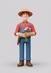 Happy cartoon farmer character holding a bouquet of colorful flowers