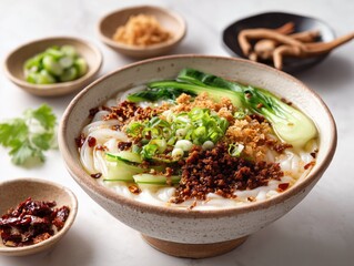 Liangpi noodles a delicious bowl with bok choy, chili oil, and scallions, served with side dishes in bowls