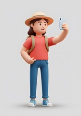 Happy Cartoon Traveler Taking Selfie with Smartphone and Backpack