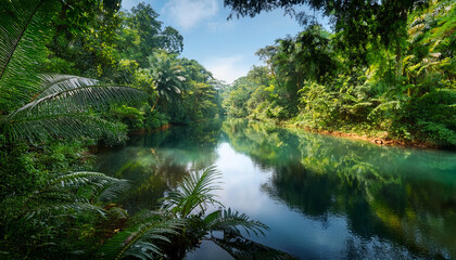 Lush Jungle River Framed By A Green Canopy With Calm Water Reflecting The Vibrant Foliage Creating A Serene And Secluded Natural Landscape