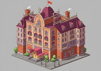 Isometric Cartoon Victorian Building with Red Roof and Flag
