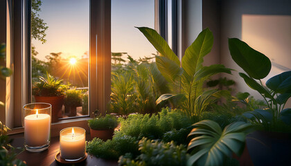 Serene Indoor Scene Featuring A Lit Candle Surrounded By Lush Green Plants At Sunset