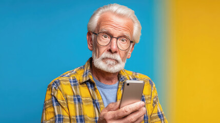 Elderly man with white hair and beard looking surprised while holding smartphone, wearing glasses and plaid shirt against vibrant blue and yellow background.
