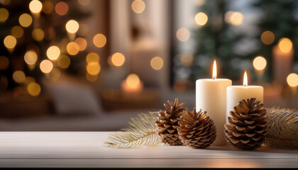 Luxury Minimalist Christmas Setting Idea Warm Candles With Pinecones And Festive Bokeh Lights