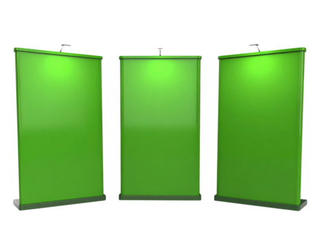 Three green display panels arranged in a triad, suitable for presentations or exhibitions.