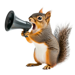 Squirrel holds megaphone,PNG,transparent background,clipart,concept of animal advertising