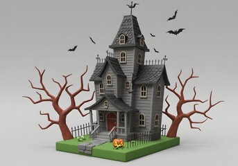 Spooky Halloween Haunted House with Bats and Pumpkin