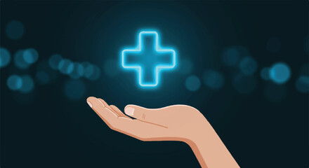 Obraz premium Minimalist 2D vector illustration: An open hand elevates a glowing electric blue plus sign against a dark teal background with blue bokeh, symbolizing well-being, progress, and innovation.