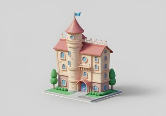 Whimsical 3D Cartoon Castle with Flag and Trees