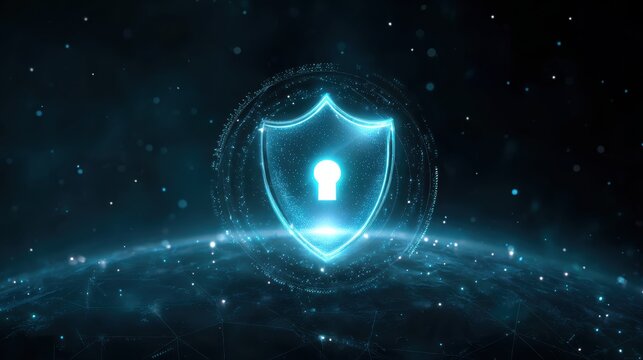 A digital shield with a keyhole symbolizes cybersecurity, surrounded by glowing connections and a cosmic background, representing protection in the digital age.