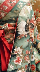Naklejka premium Intricate Floral and Crane Design on a Kimono with Red Accents, Capturing Traditional Japanese Artistry