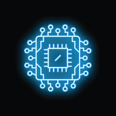Fototapeta premium Blue neon glowing cpu microchip on a black background representing concepts like technology, computing and processing power