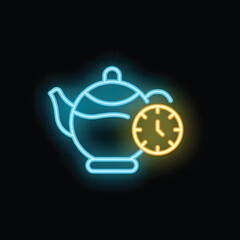 Blue neon icon of a teapot with a steaming beverage and a yellow neon clock, reminding us to take a break for a hot drink