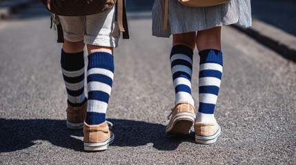 Two schoolchildren walking side by side on a street, seen from behind, wearing matching striped socks and backpacks, suggesting the start of a school day.