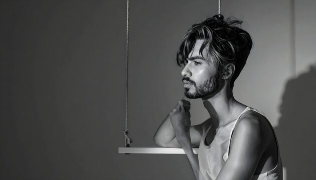 Thoughtful Young Man Black White Portrait Studio Dramatic Moody Photography