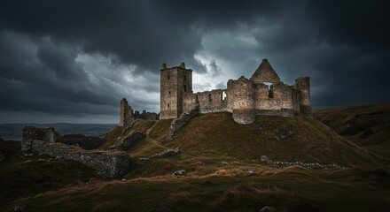 Dramatic ancient castle ruins stand against a brooding stormy sky on a grassy hill