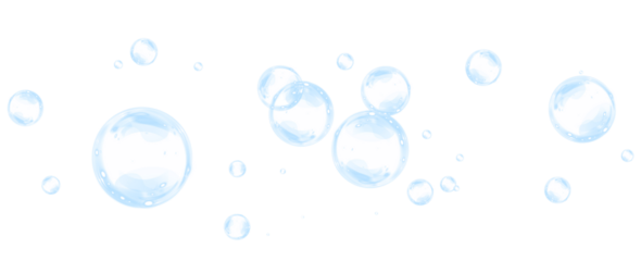 Transparent water bubbles floating gracefully against a clean white background, creating a refreshing and light atmosphere, ideal for design projects and creative overlays