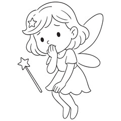 A black and white cartoon of a sad or surprised little fairy with wings covering her mouth, dropping her magic wand, perfect for a coloring page.