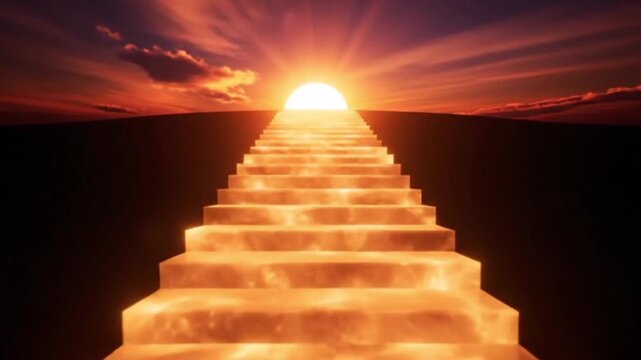 Glowing stairway to heaven ascending to the sun, a concept of success, hope, and spiritual journey.