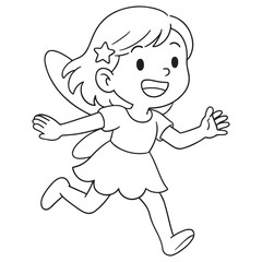 A black and white cartoon of a happy little girl or fairy running with a wide smile and arms outstretched, perfect for a coloring page.