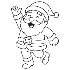 A black and white cartoon of a happy Santa Claus walking, waving his hand, and smiling cheerfully, perfect for a coloring page.