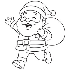 A black and white cartoon of a happy Santa Claus running with a gift sack over his shoulder and waving, perfect for a coloring page.