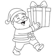 A black and white cartoon of a happy Santa Claus walking and cheerfully holding a large Christmas present, perfect for a coloring page.