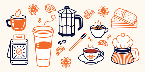 set of drinks and drink for breakfast. featuring tea coffee, juice etc. editable vector file.
