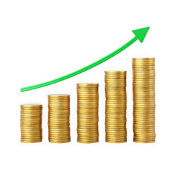Stacks of gold coins with a green arrow indicating financial growth isolated on transparent background