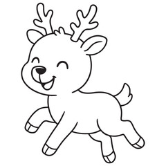 A black and white cartoon of a cute, happy baby reindeer running or leaping, perfect for a Christmas coloring page.