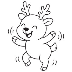 A black and white cartoon of a cute, happy baby reindeer dancing with arms up, perfect for a Christmas coloring page.