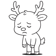 A black and white cartoon of a sad or disappointed baby reindeer standing and looking down, perfect for a coloring page.