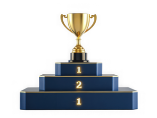 Gold trophy on a threetiered podium with numbers 1, 2, and 1 isolated on transparent background