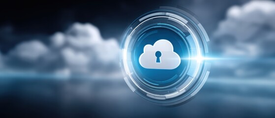 A futuristic cloud icon with a keyhole, surrounded by circular digital patterns, symbolizing secure cloud storage and data protection.