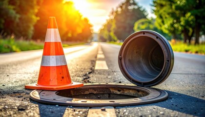 Road Repair with Orange Cone and Open Manhole Cover.