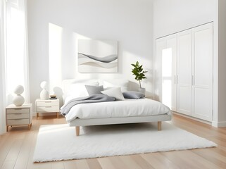 Clean Bright Interior Minimalist Bedroom Space with Furniture and Natural Light