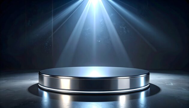 Illuminated Silver Podium Stage with Dramatic Spotlight on Dark Blue Background