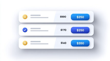 A modern design displaying three payment options with prices and icons, highlighting different amounts and features for potential purchases.