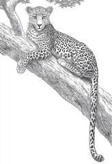 A detailed illustration of a leopard resting on a tree branch, showcasing intricate linework and a tranquil mood.